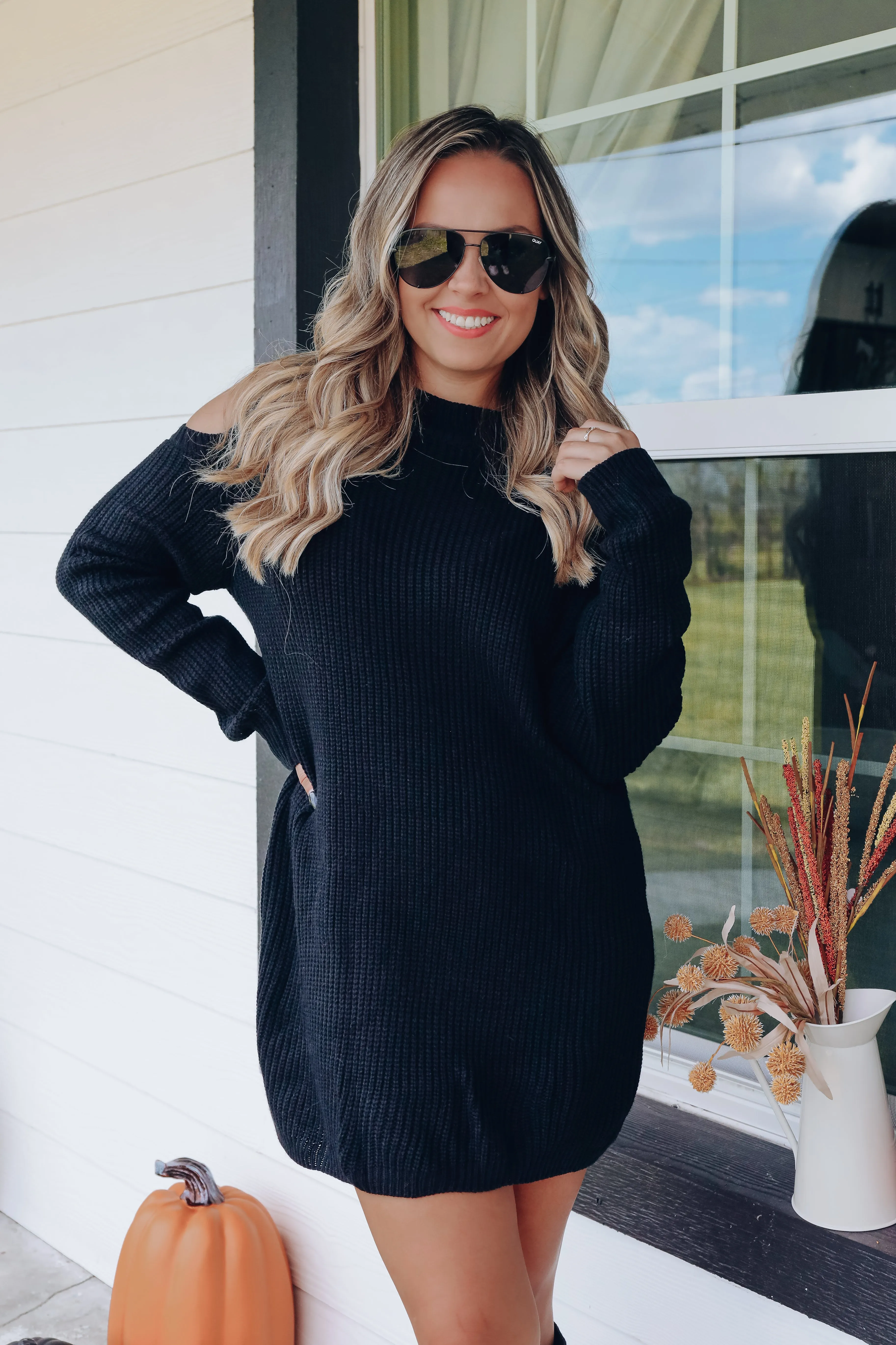 At Last Cold Shoulder Sweater Dress - Black