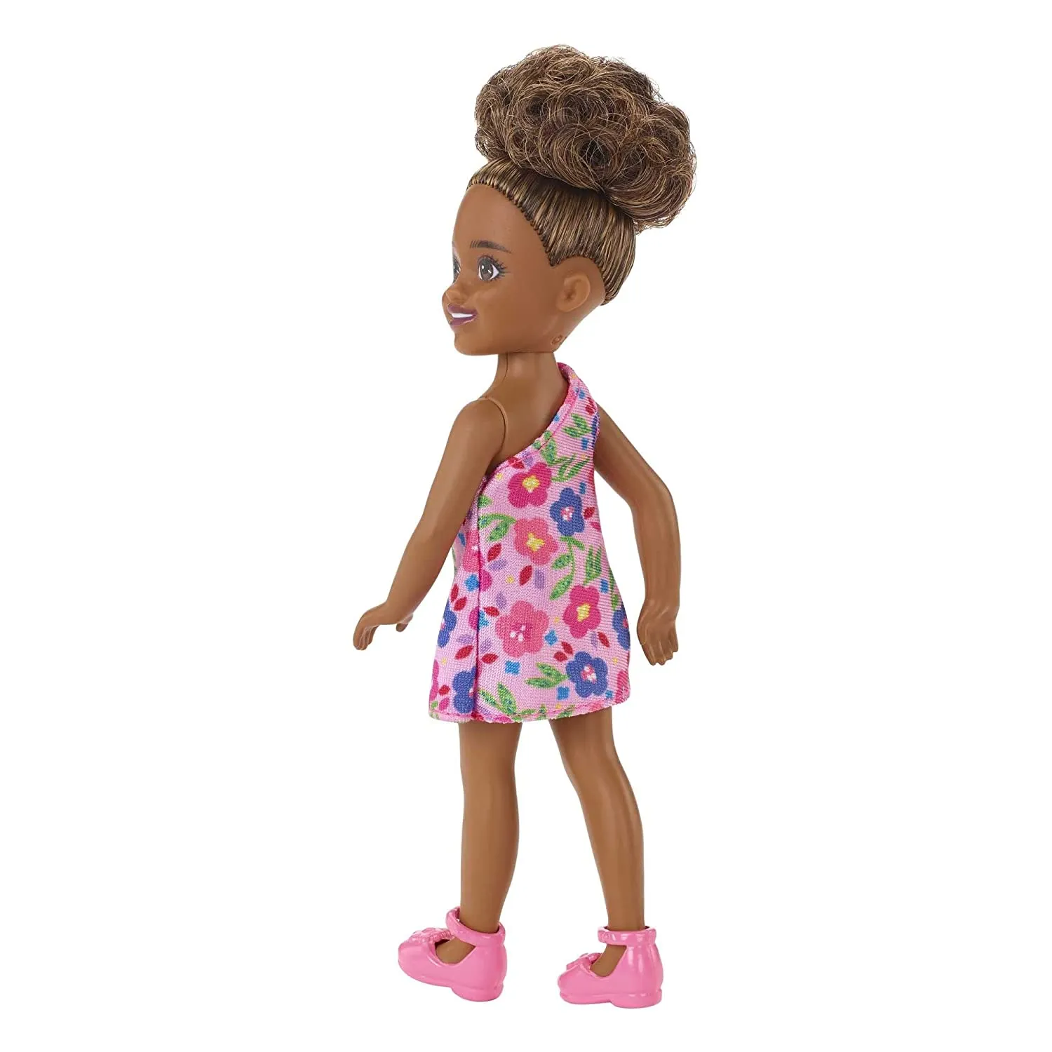 Barbie Chelsea 6 Inch Doll Brunette Curly Hair Wearing One-Shoulder Flower-Print Dress and Pink Shoes for Kids Ages 3 Years Old & Up