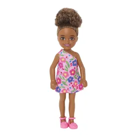 Barbie Chelsea 6 Inch Doll Brunette Curly Hair Wearing One-Shoulder Flower-Print Dress and Pink Shoes for Kids Ages 3 Years Old & Up