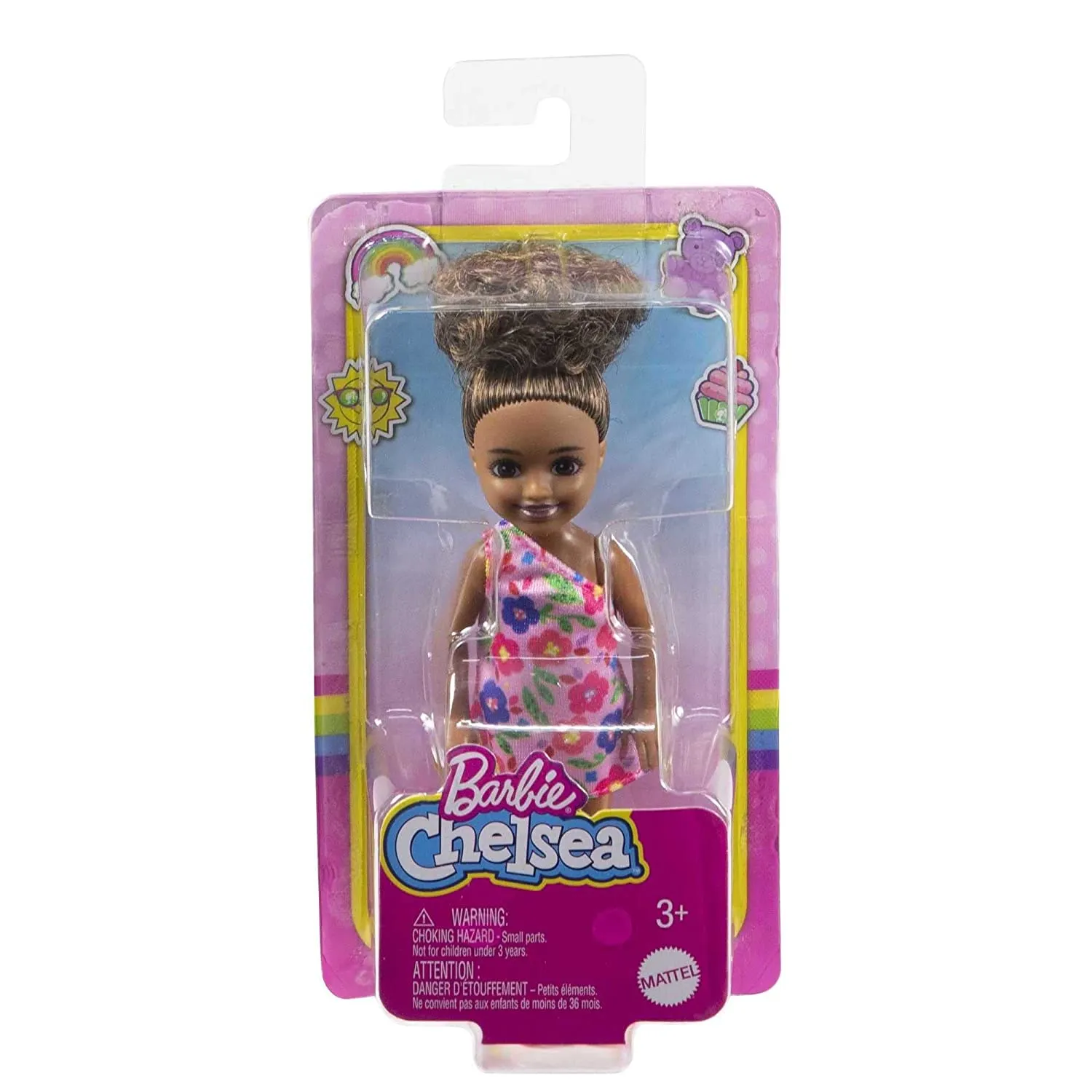 Barbie Chelsea 6 Inch Doll Brunette Curly Hair Wearing One-Shoulder Flower-Print Dress and Pink Shoes for Kids Ages 3 Years Old & Up