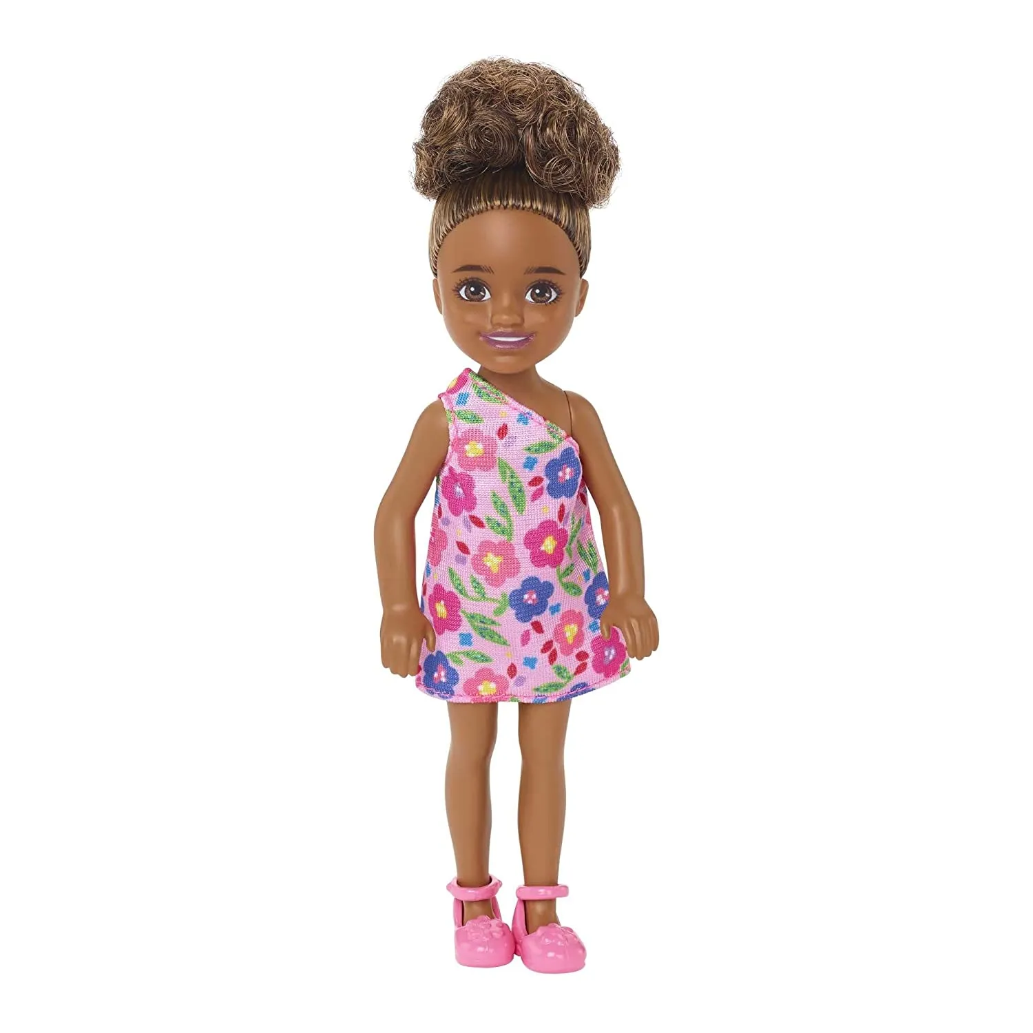 Barbie Chelsea 6 Inch Doll Brunette Curly Hair Wearing One-Shoulder Flower-Print Dress and Pink Shoes for Kids Ages 3 Years Old & Up