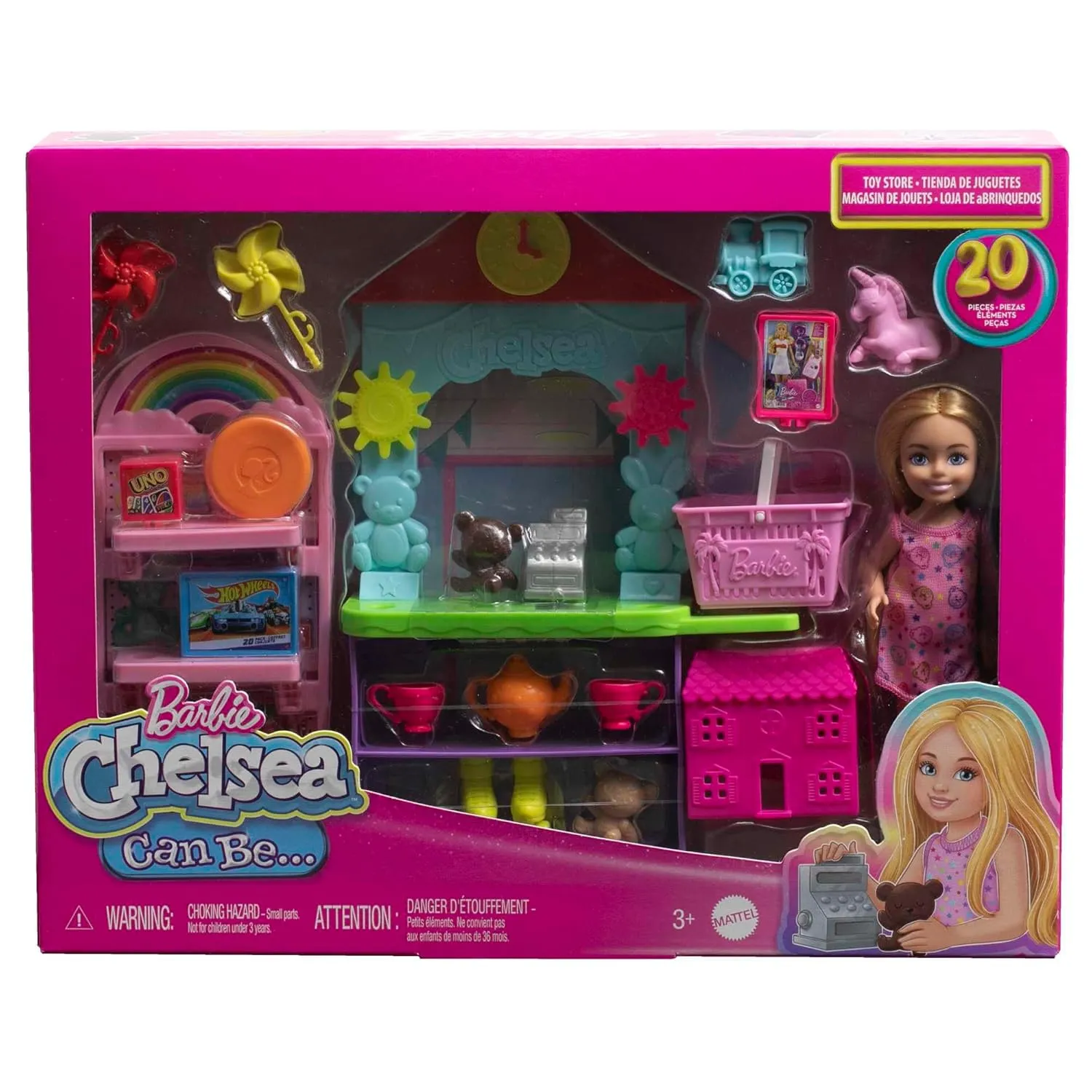 Barbie Chelsea Can Be Toy Store Playset with Small Blonde Doll, Counter & Display Furniture & 15 Accessories for Kids Ages 3 