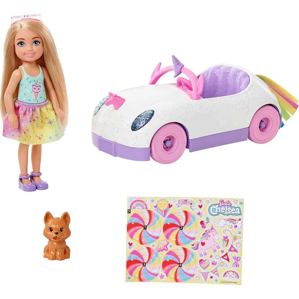 Barbie Club Chelsea Doll With Unicorn Car & Sticker Sheet