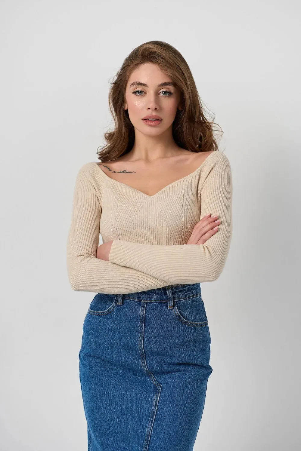 Beige Sweetheart Neckline Ribbed knit Sweater