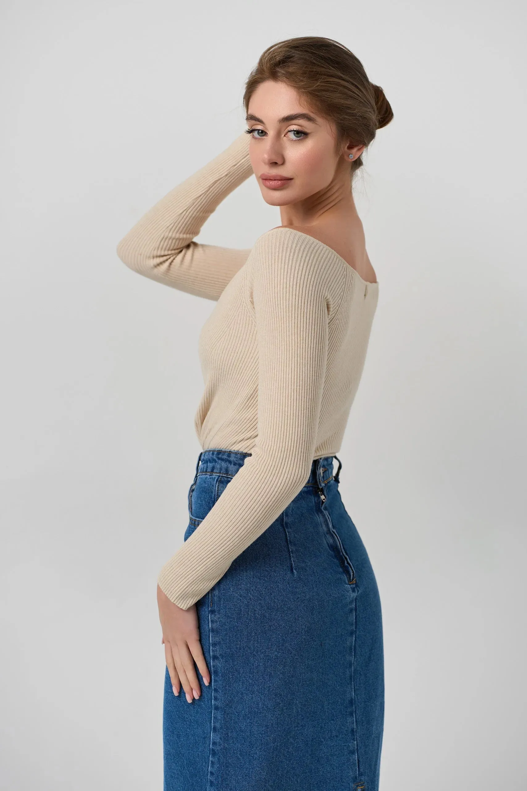 Beige Sweetheart Neckline Ribbed knit Sweater