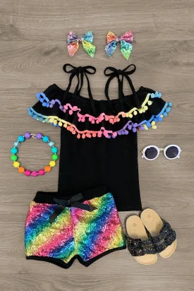 Black Rainbow Cold Shoulder Sequin Short Set