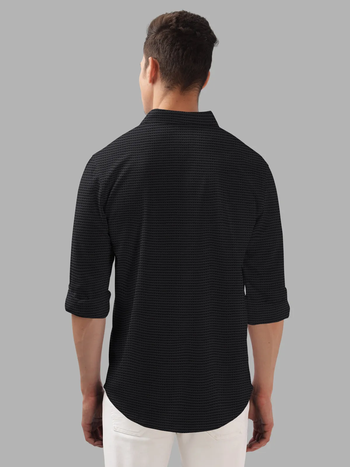 BULLMER Black Trendy Regular Fit Textured Solid Fabric Causal Crochet Shirt For Men