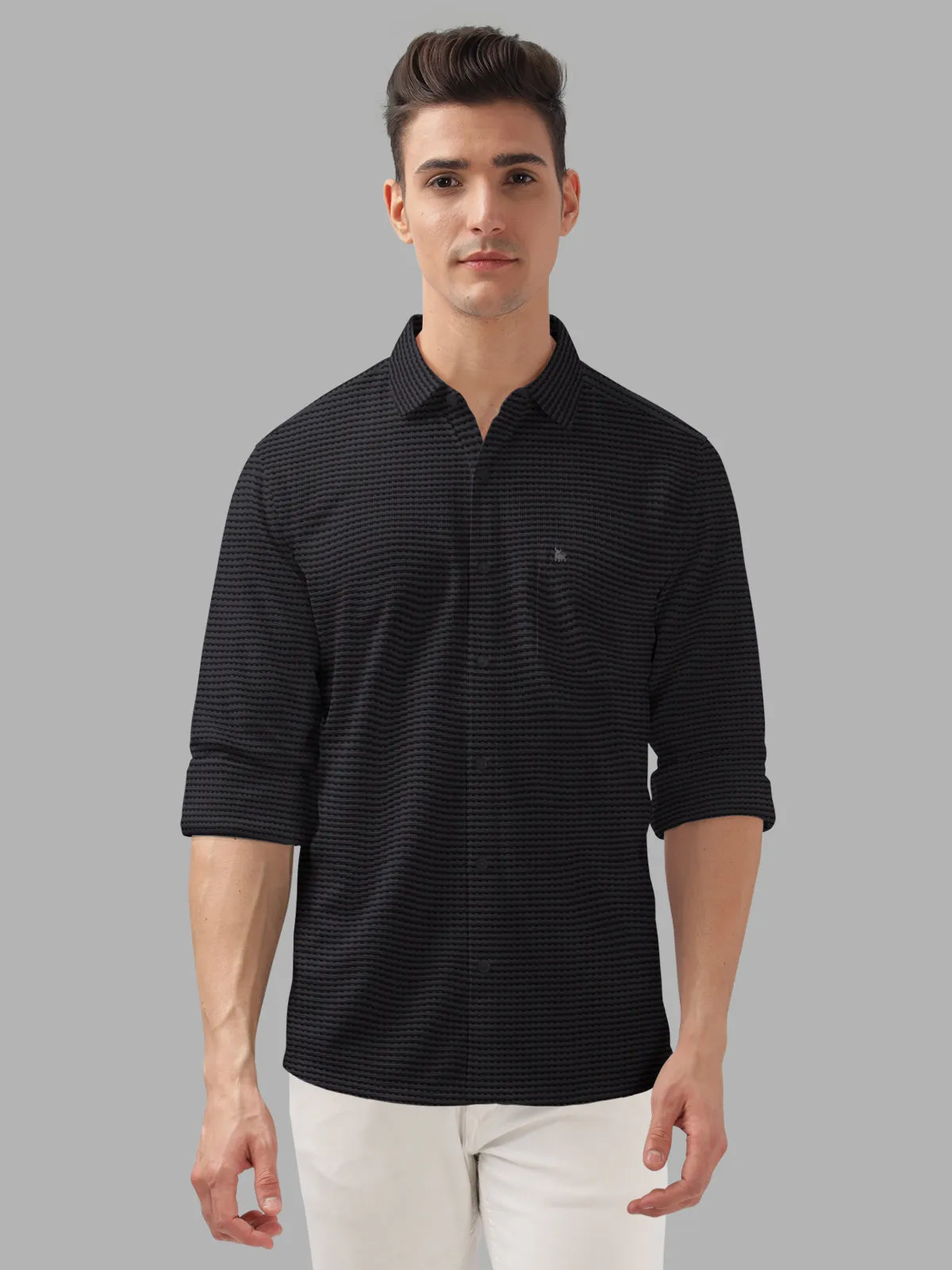 BULLMER Black Trendy Regular Fit Textured Solid Fabric Causal Crochet Shirt For Men