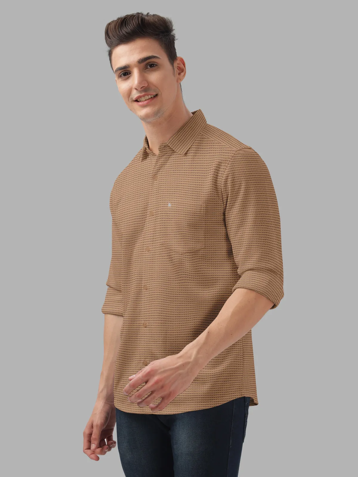 BULLMER Brown Trendy Regular Fit Textured Solid Fabric Causal Crochet Shirt For Men