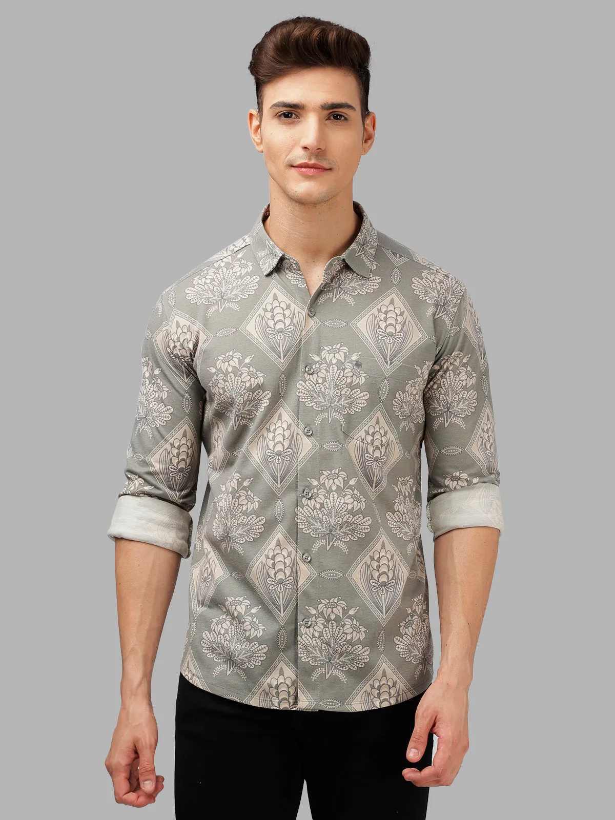 BULLMER Trendy Beige Regular Fit Printed Causal Full sleeve Shirt For Men.