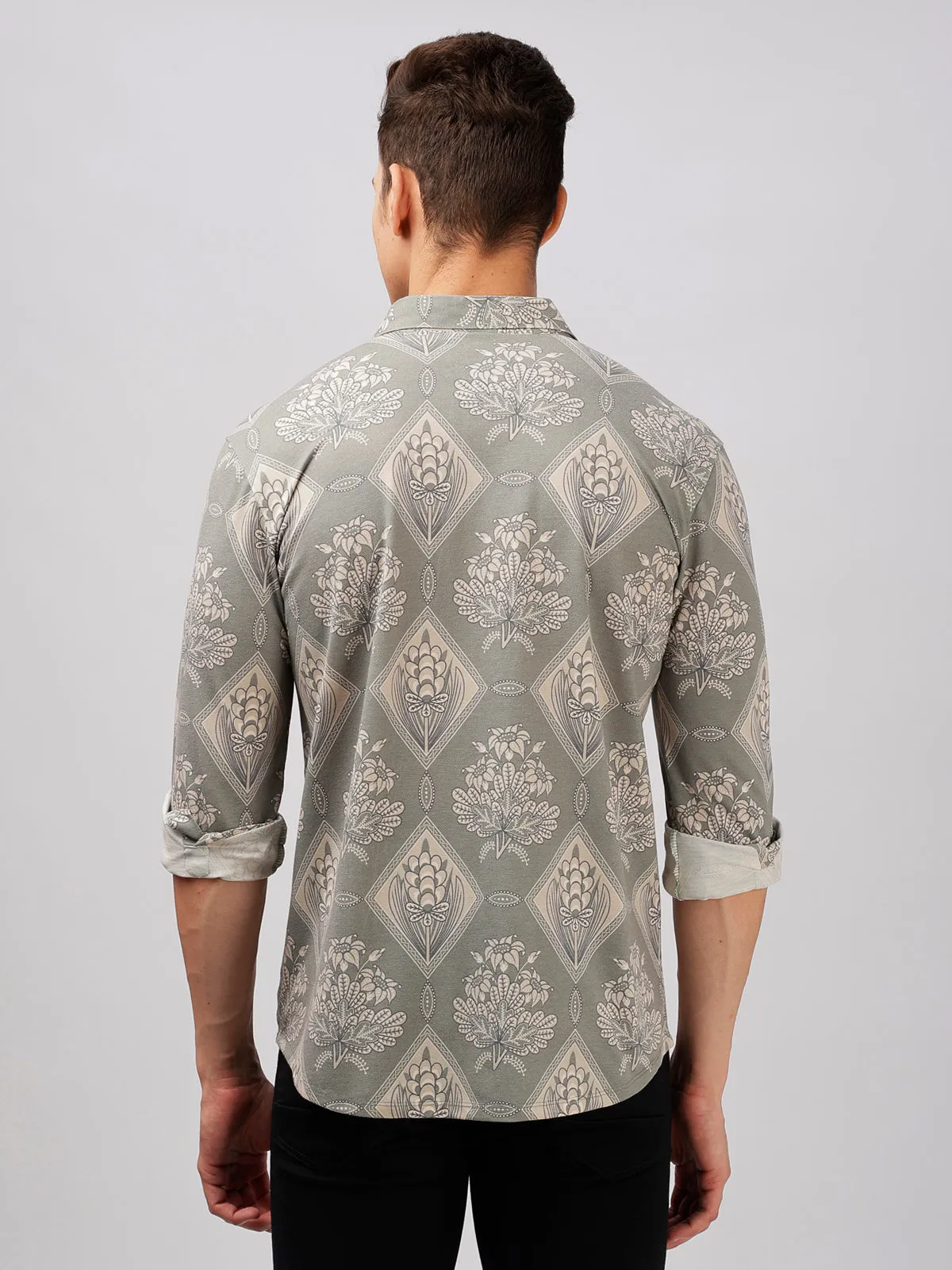 BULLMER Trendy Beige Regular Fit Printed Causal Full sleeve Shirt For Men.