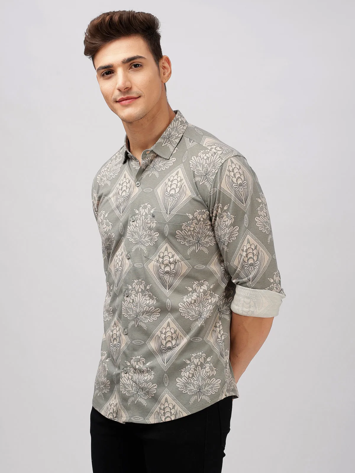 BULLMER Trendy Beige Regular Fit Printed Causal Full sleeve Shirt For Men.