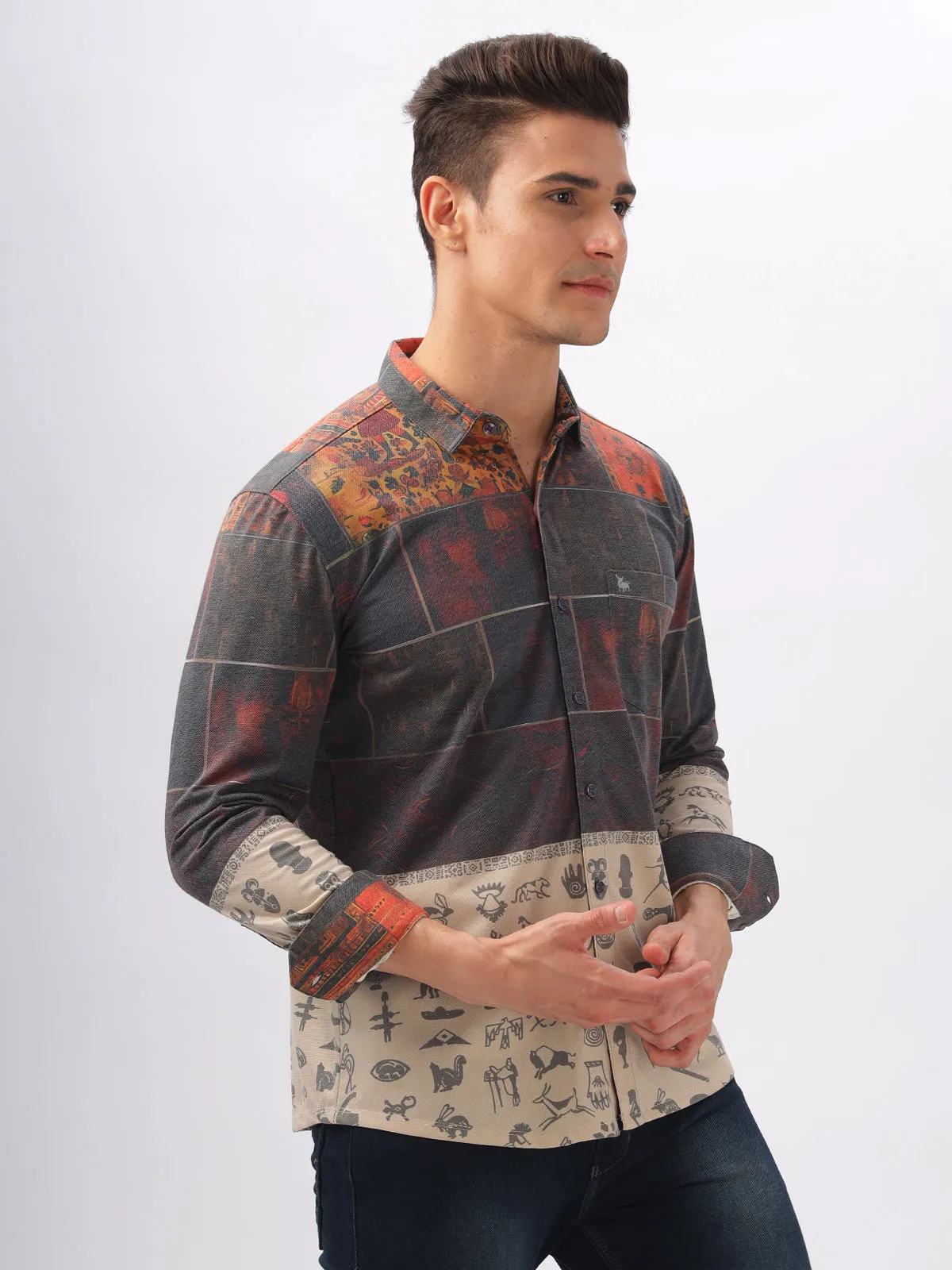 BULLMER Trendy Red Regular Fit Printed Causal Full sleeve Shirt For Men.