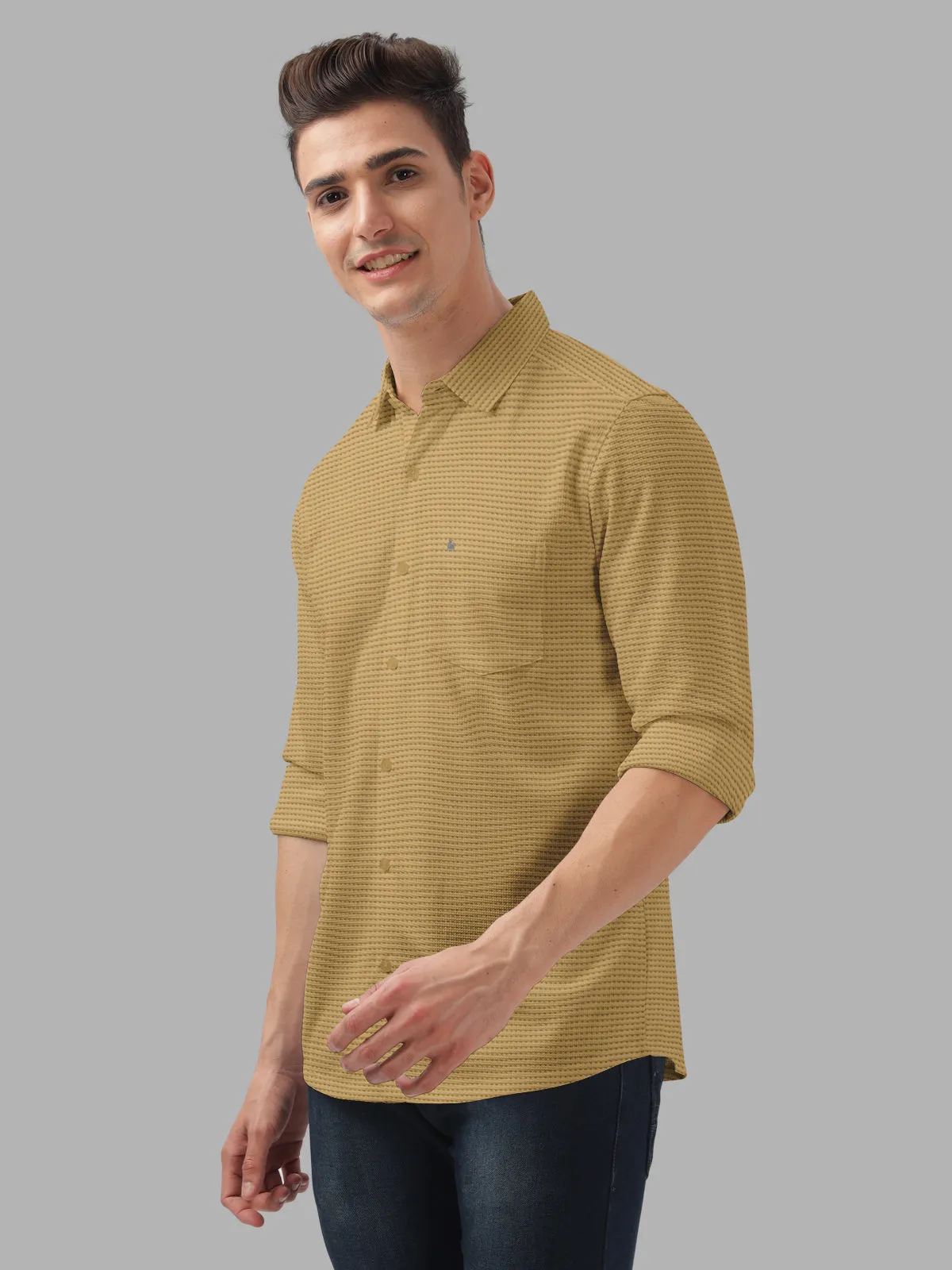 BULLMER Yellow Trendy Regular Fit Textured Solid Fabric Causal Crochet Shirt For Men