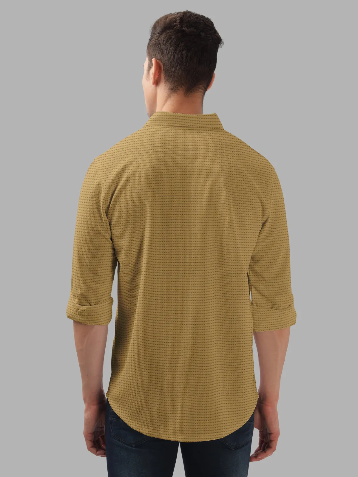 BULLMER Yellow Trendy Regular Fit Textured Solid Fabric Causal Crochet Shirt For Men