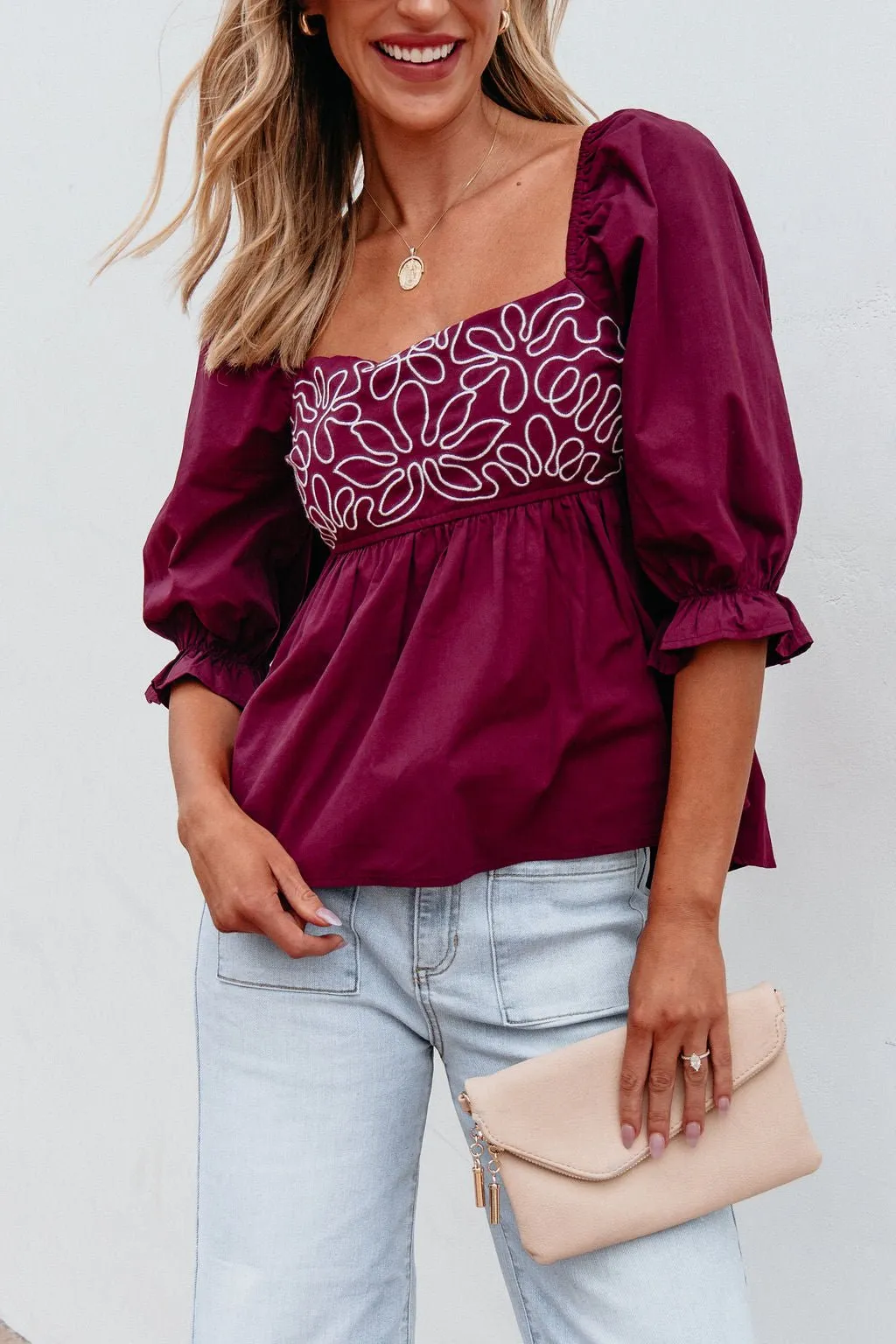 Burgundy Floral Print Textured Blouse