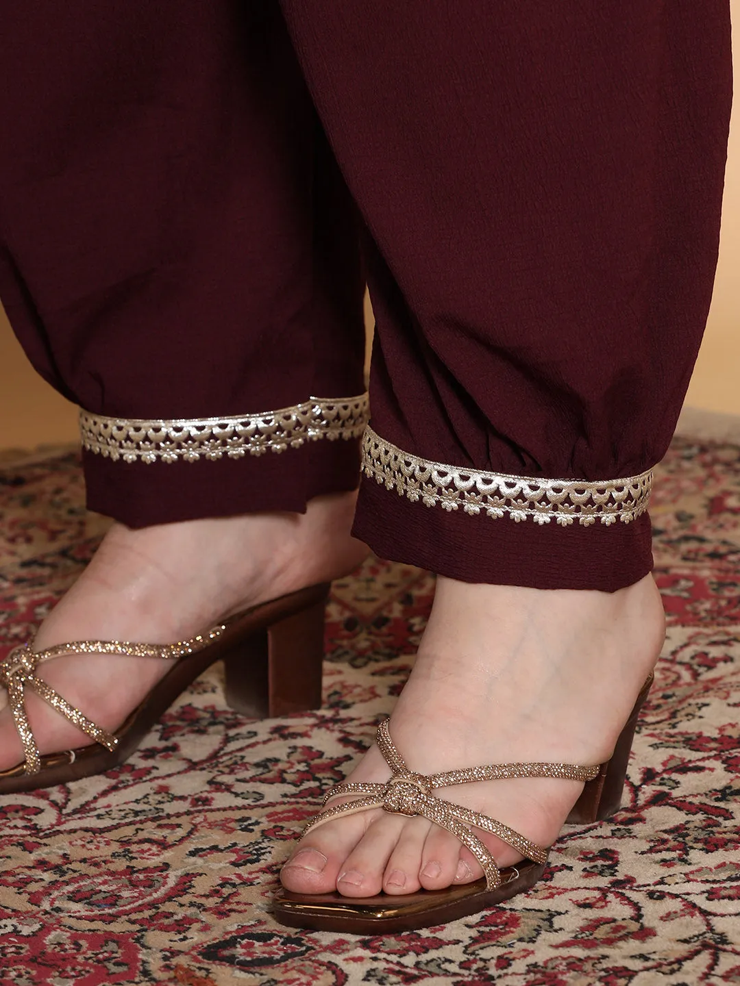 Burgundy Textured Afghani Salwar - Embellished