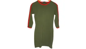 Casual Olive Green Knit Dress with Red Racer Stripe, S/M