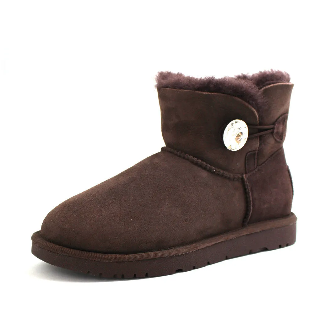 Classic Crystal Button Ankle Ugg Boot - Chocolate