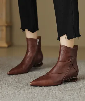 Comfortable Splicing Ankle Boots Brown Cowhide Leather Pointed Toe ML1714