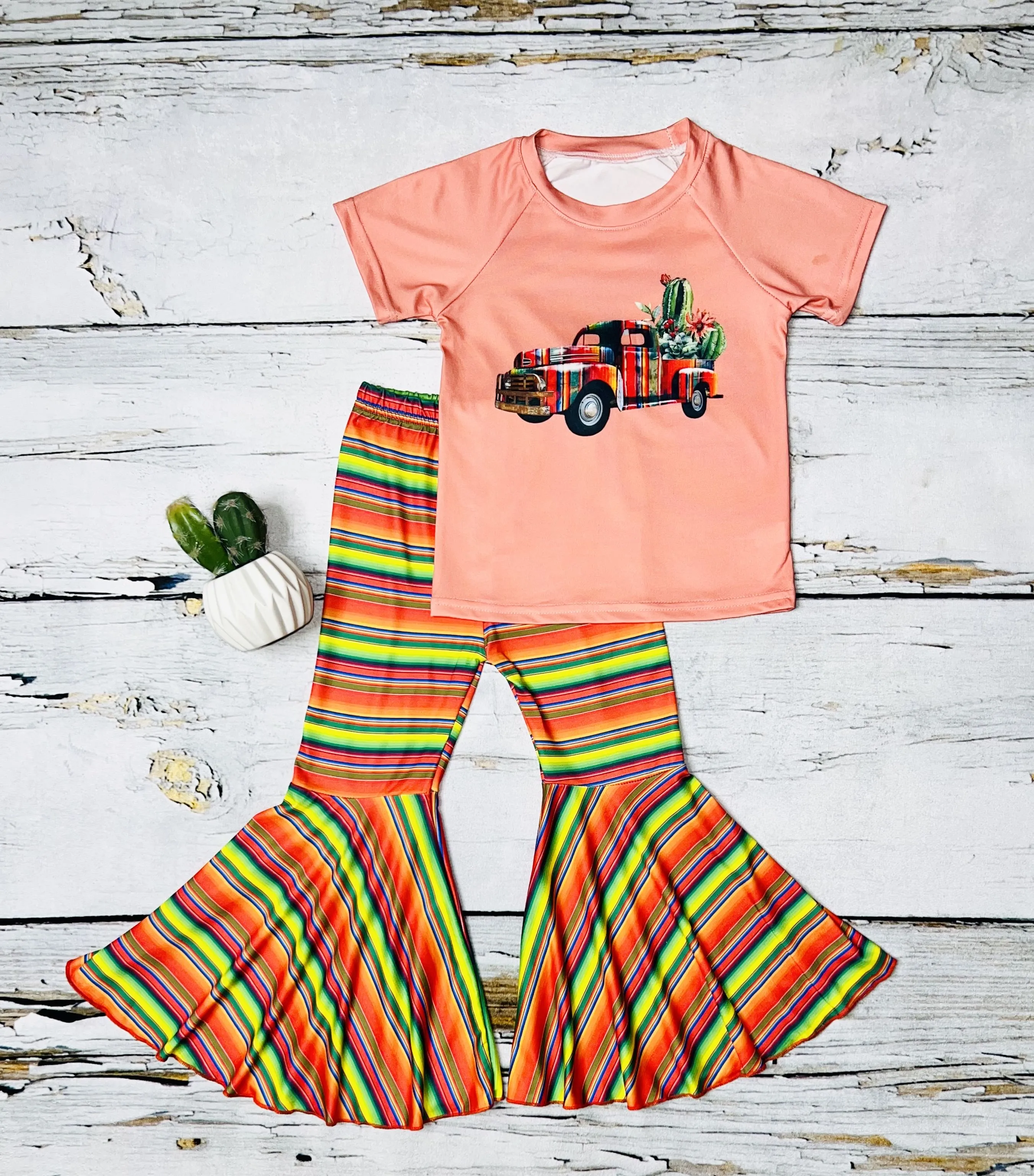 Coral serape truck w/cactus 2pc short sleeve set DLH0923-11