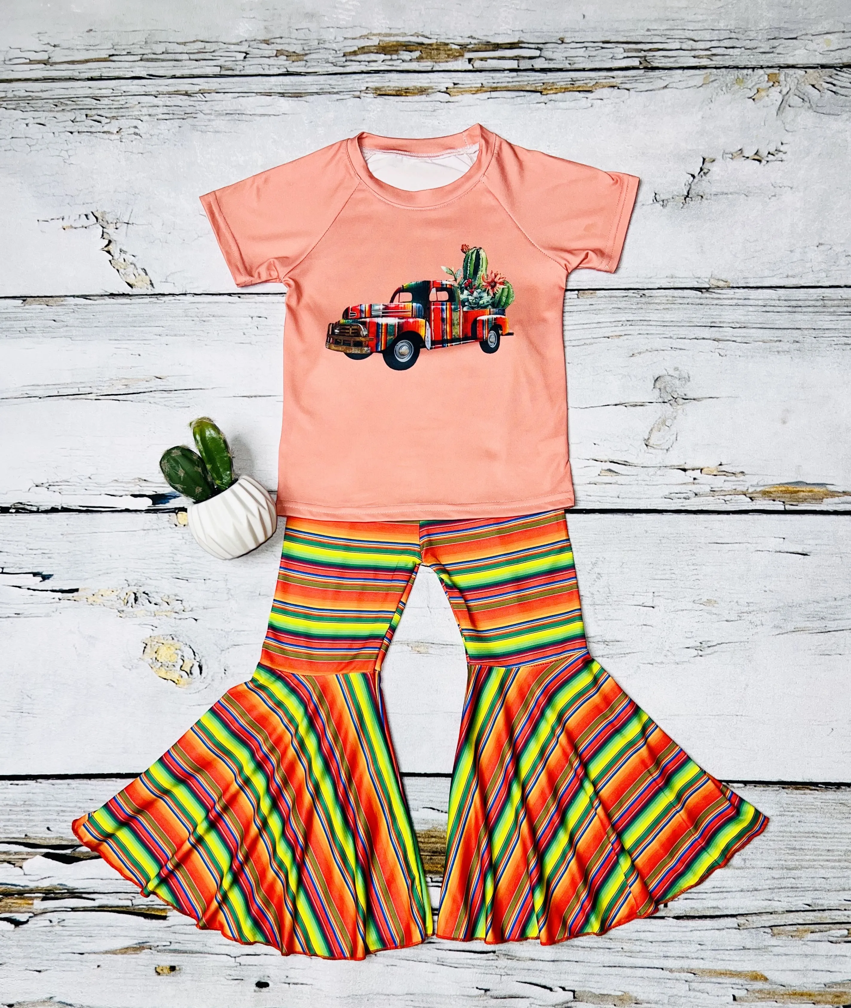 Coral serape truck w/cactus 2pc short sleeve set DLH0923-11