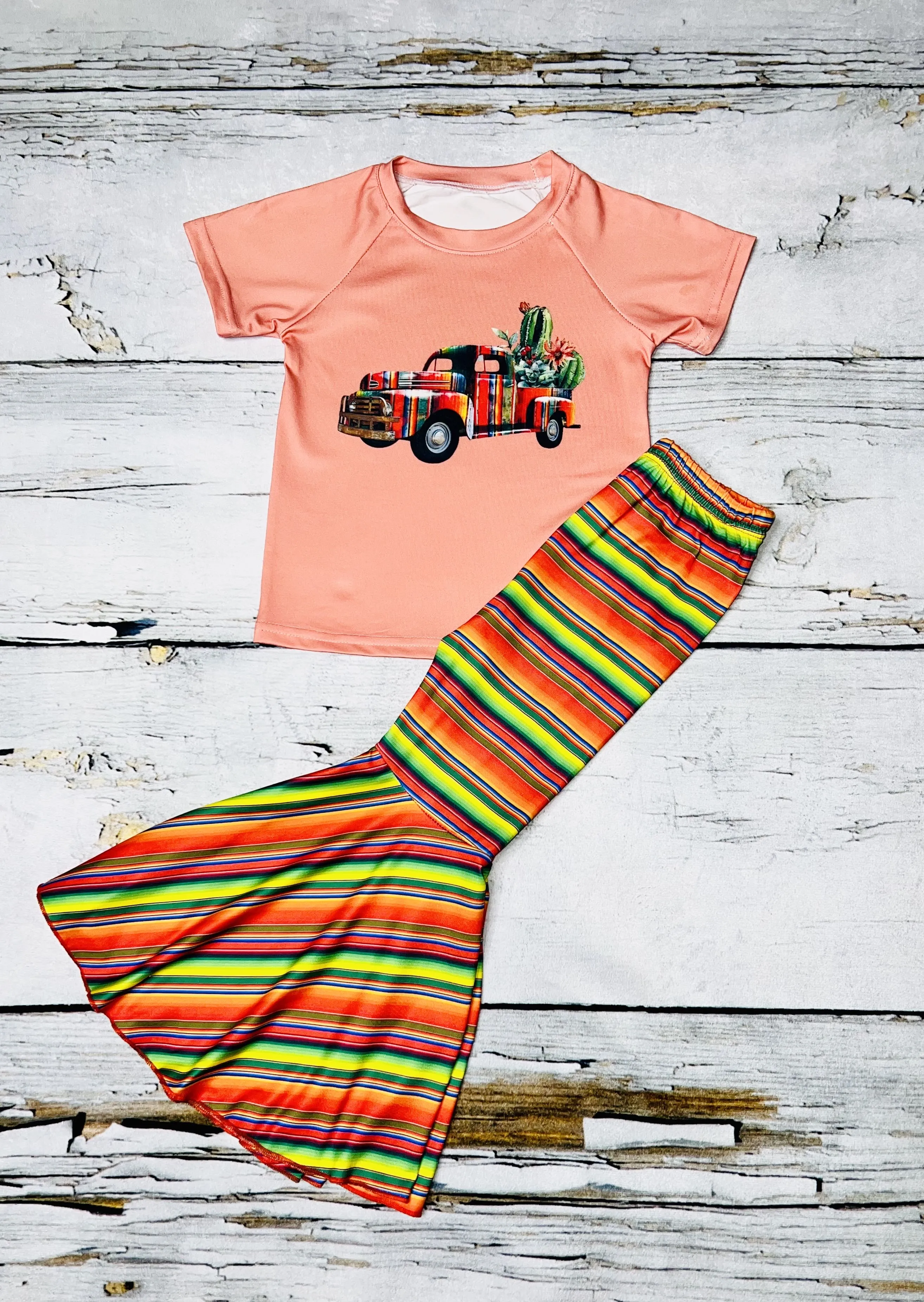 Coral serape truck w/cactus 2pc short sleeve set DLH0923-11