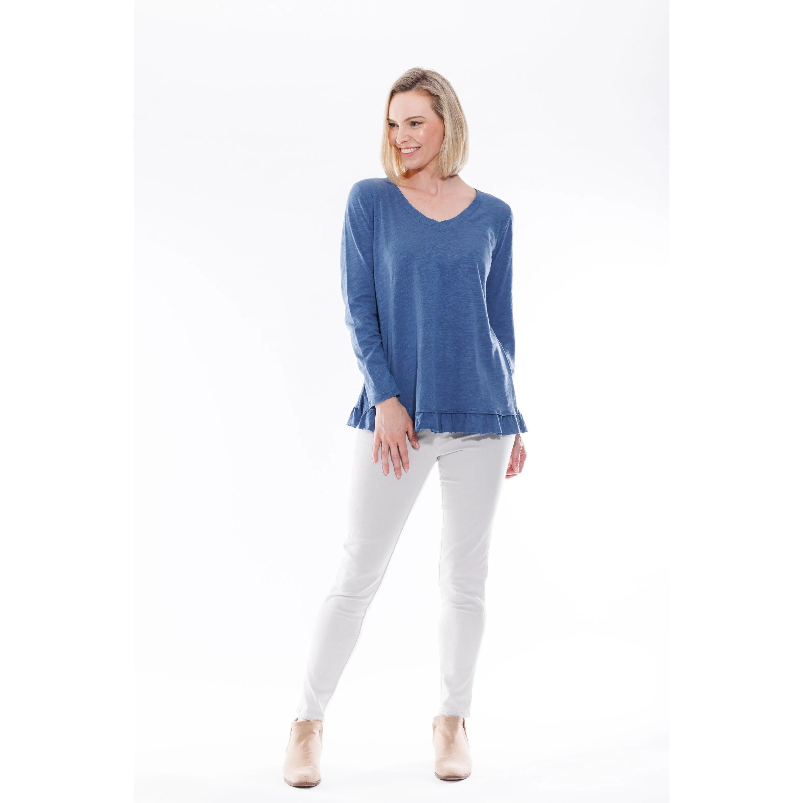 Cotton Frill Hem Long Sleeve Top - Denim