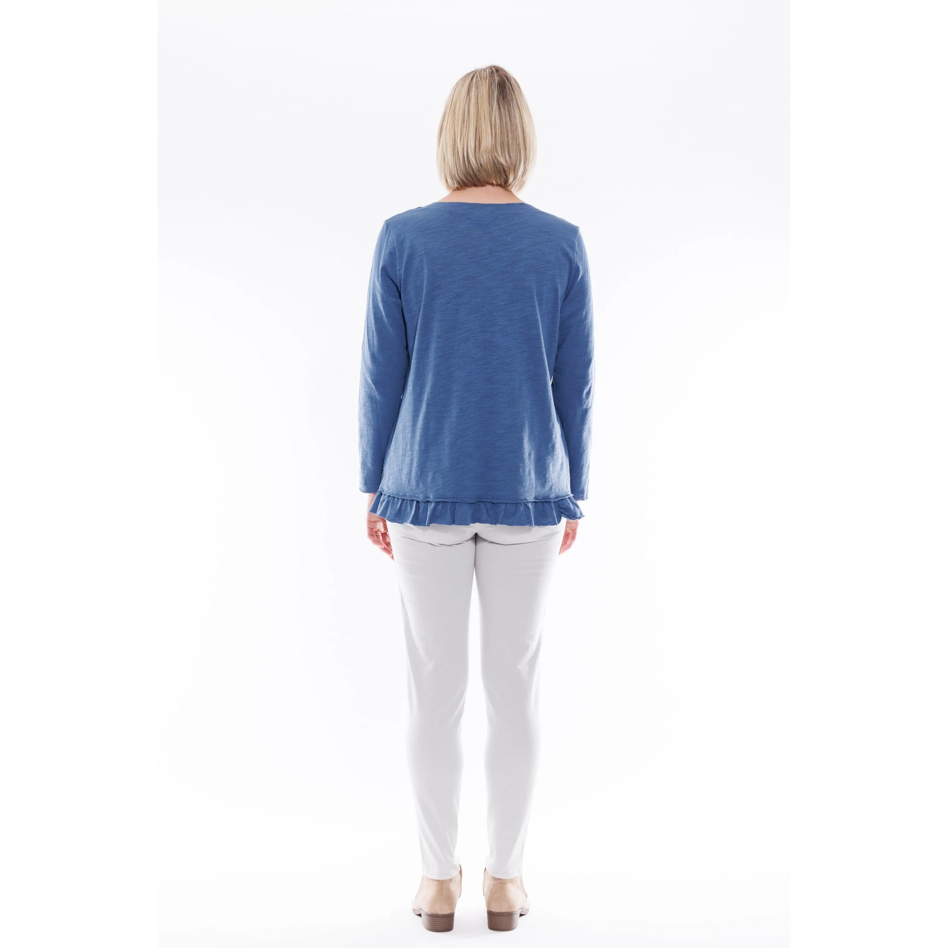 Cotton Frill Hem Long Sleeve Top - Denim