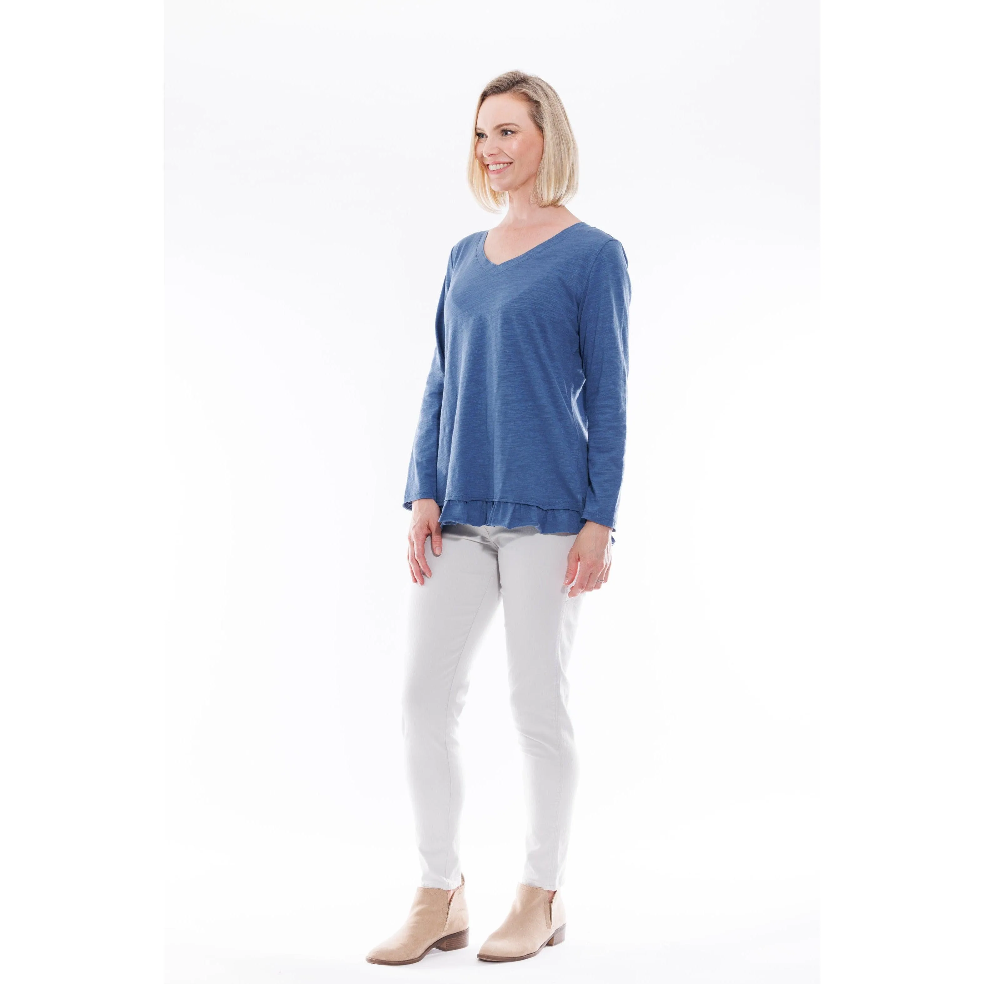 Cotton Frill Hem Long Sleeve Top - Denim