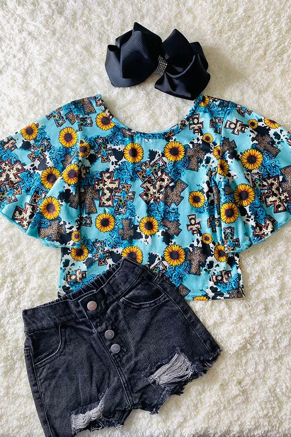 Crosses & sunflowers turquoise short bell sleeve DLH1124-4