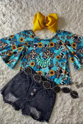 Crosses & sunflowers turquoise short bell sleeve DLH1124-4