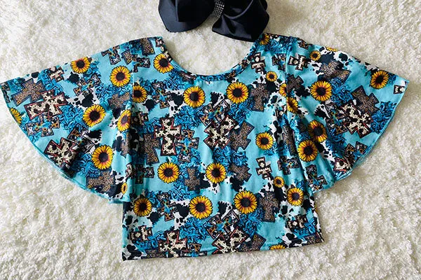 Crosses & sunflowers turquoise short bell sleeve DLH1124-4