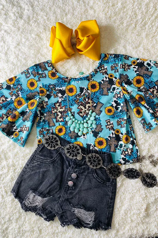 Crosses & sunflowers turquoise short bell sleeve DLH1124-4