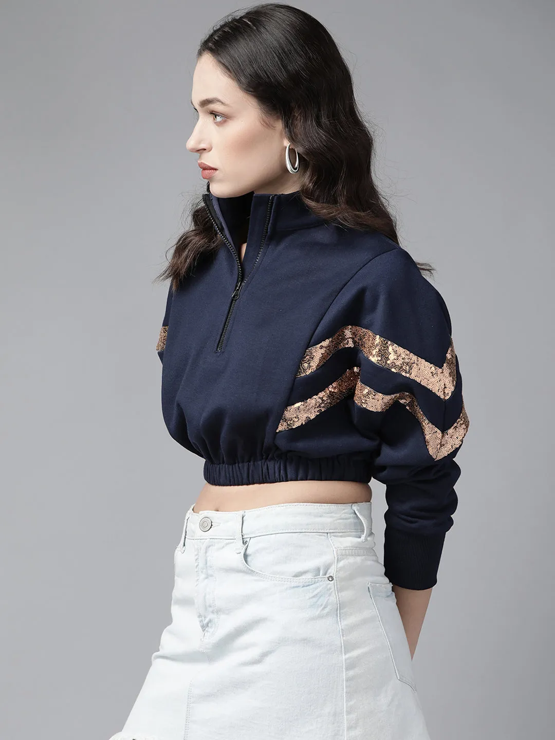 GRWM Navy Blue Solid Cropped Sweatshirt for Women