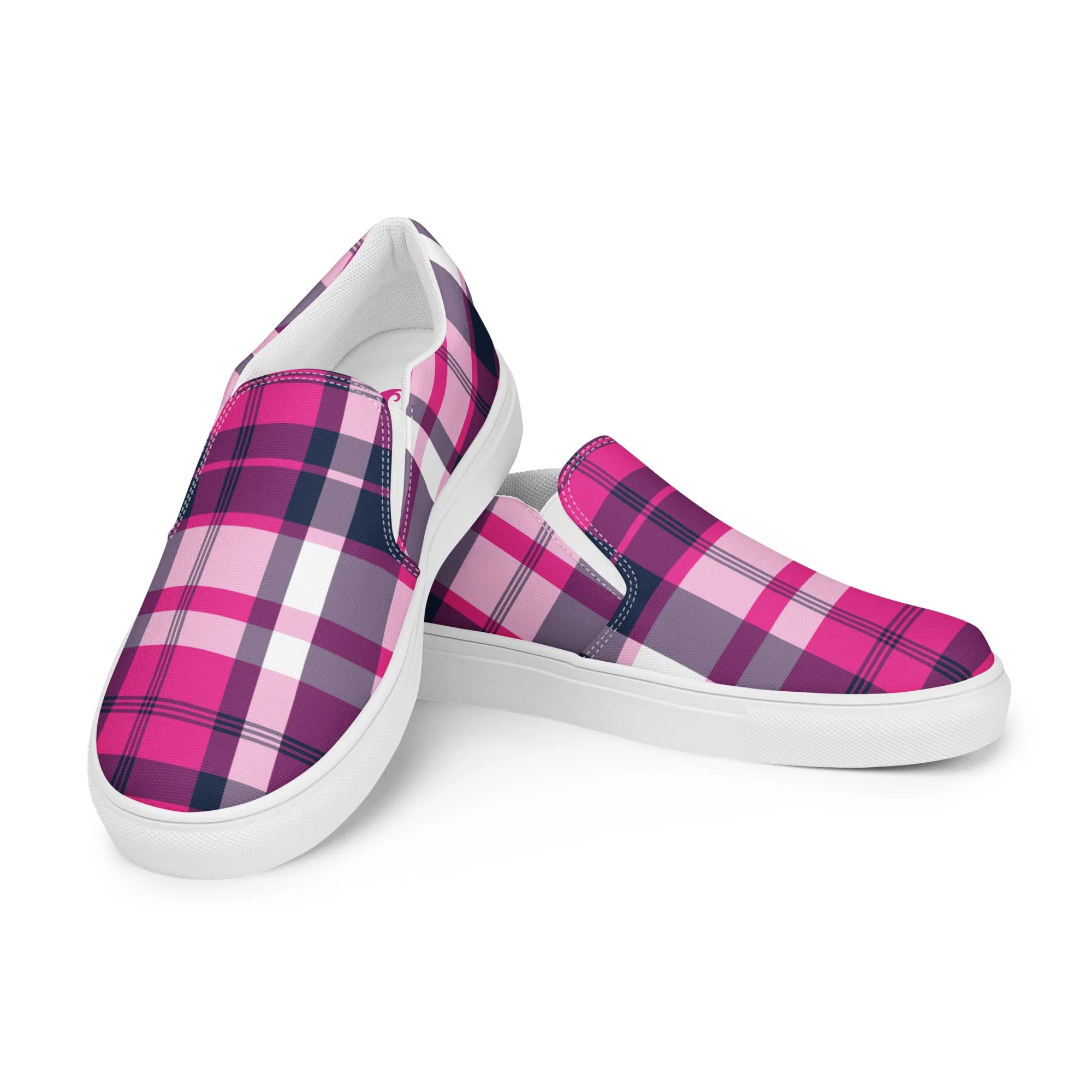 Hot Pink and Navy Blue Preppy Surfer Plaid Women's Slip On Canvas Shoes