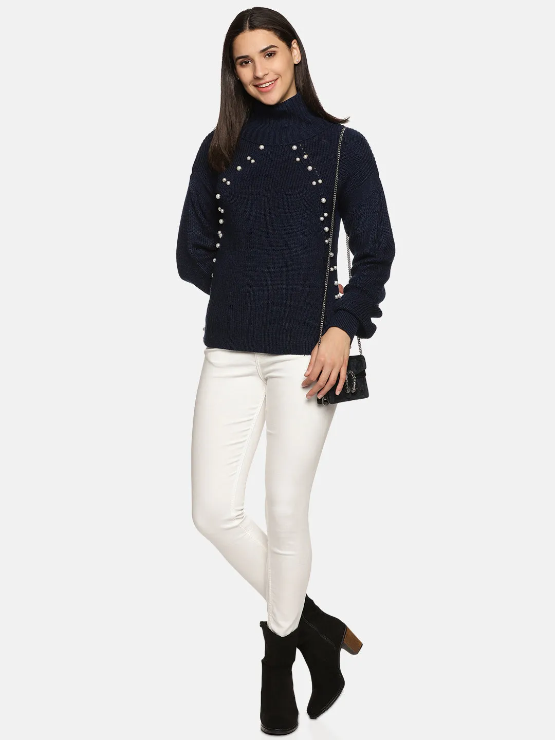 IS.U Navy Pearl High Neck Oversized Knitted Sweater