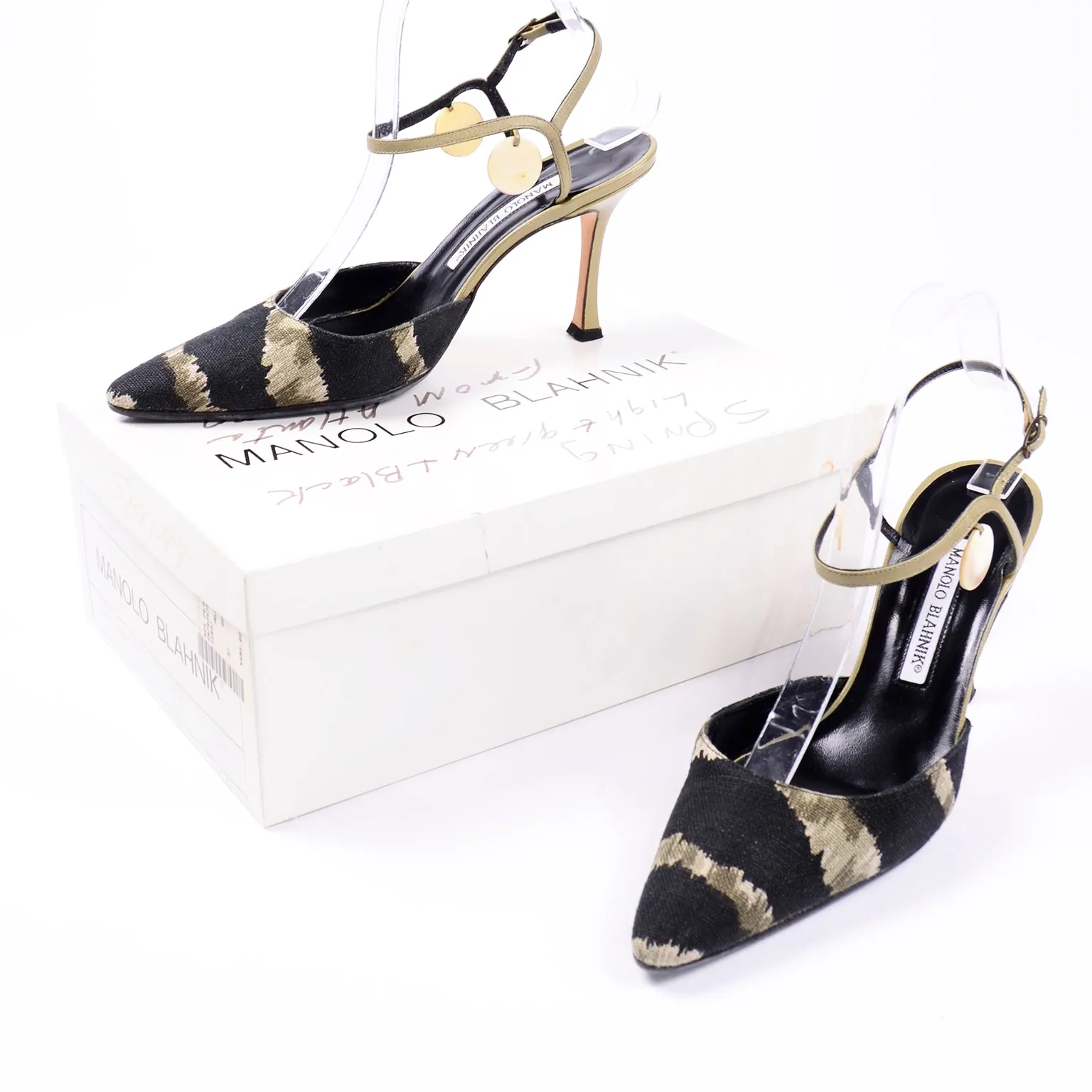 Manolo Blahnik Green & Black Pelotera Ankle Strap Heels in Original Box