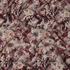 Maroon Beige Viscose Digital Printed Fabric with Artistic Floral Design, 110 cm Width-D21302