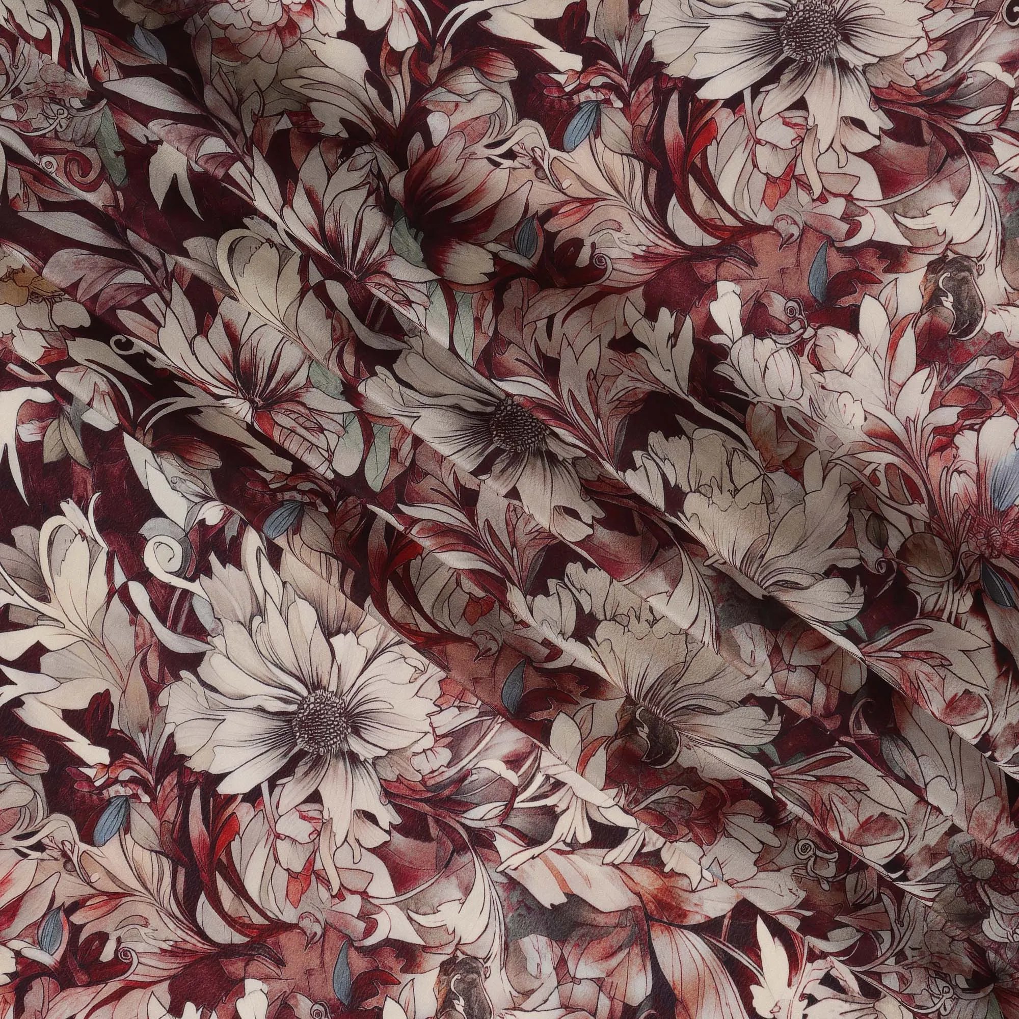 Maroon Beige Viscose Digital Printed Fabric with Artistic Floral Design, 110 cm Width-D21302