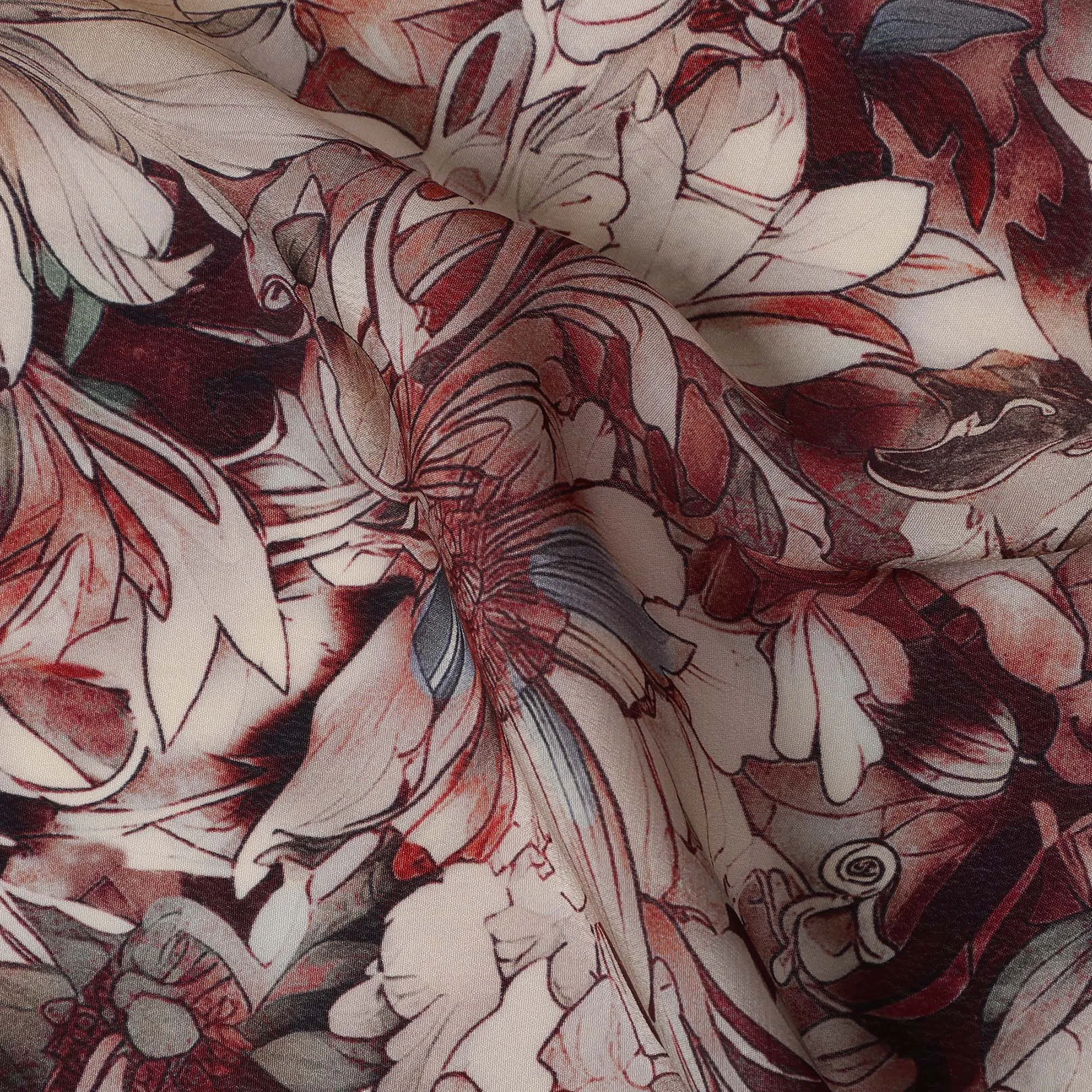 Maroon Beige Viscose Digital Printed Fabric with Artistic Floral Design, 110 cm Width-D21302