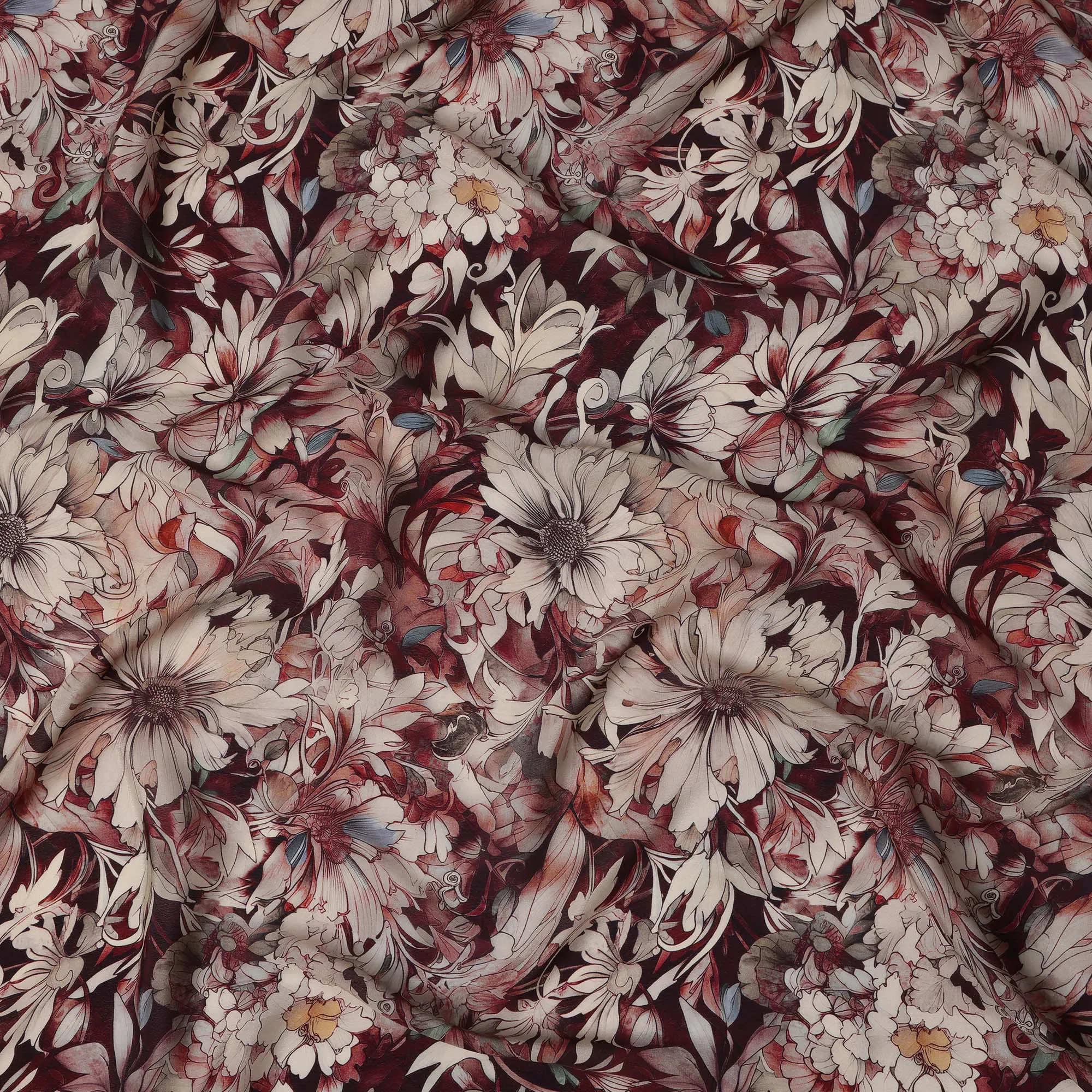 Maroon Beige Viscose Digital Printed Fabric with Artistic Floral Design, 110 cm Width-D21302