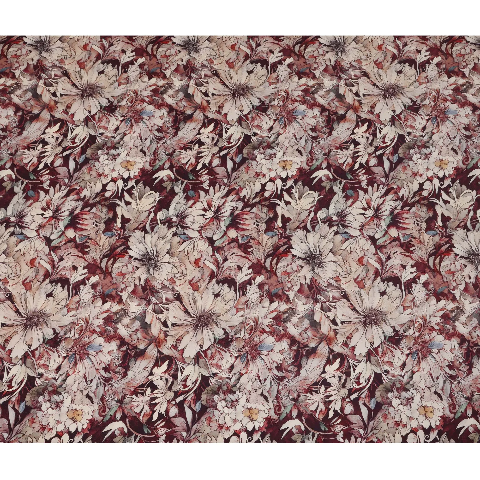 Maroon Beige Viscose Digital Printed Fabric with Artistic Floral Design, 110 cm Width-D21302