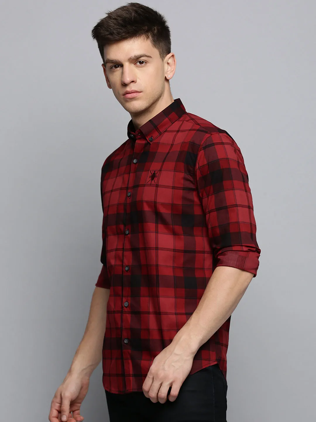 Men Maroon Checked Casual Shirt