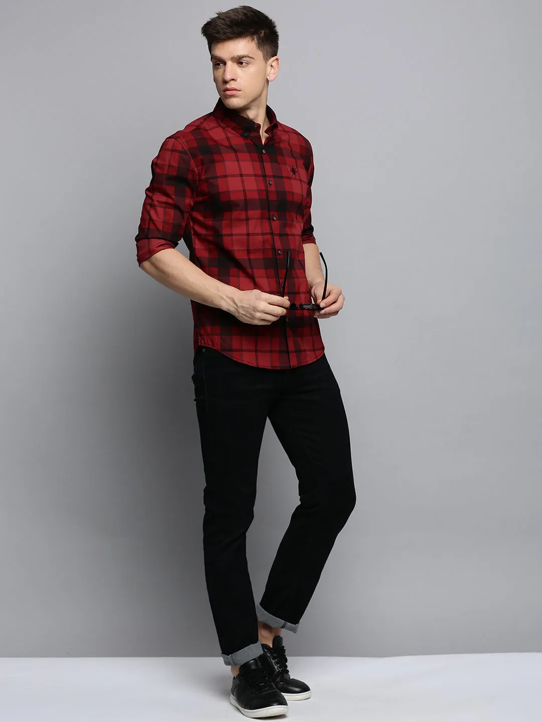 Men Maroon Checked Casual Shirt