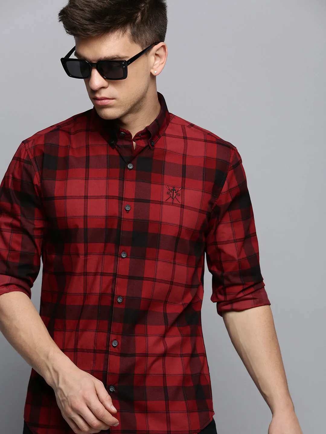 Men Maroon Checked Casual Shirt