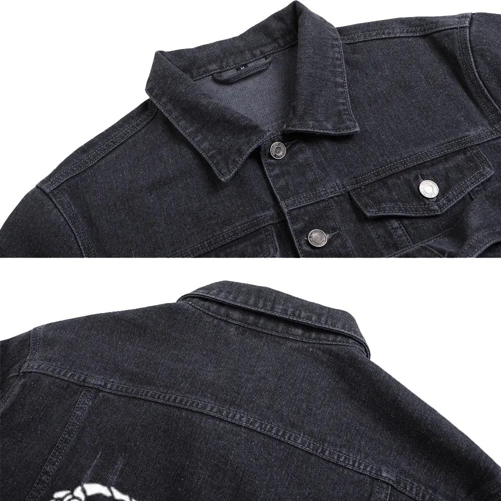 Mens Skull Finger Graphic Button Up Denim Jacket