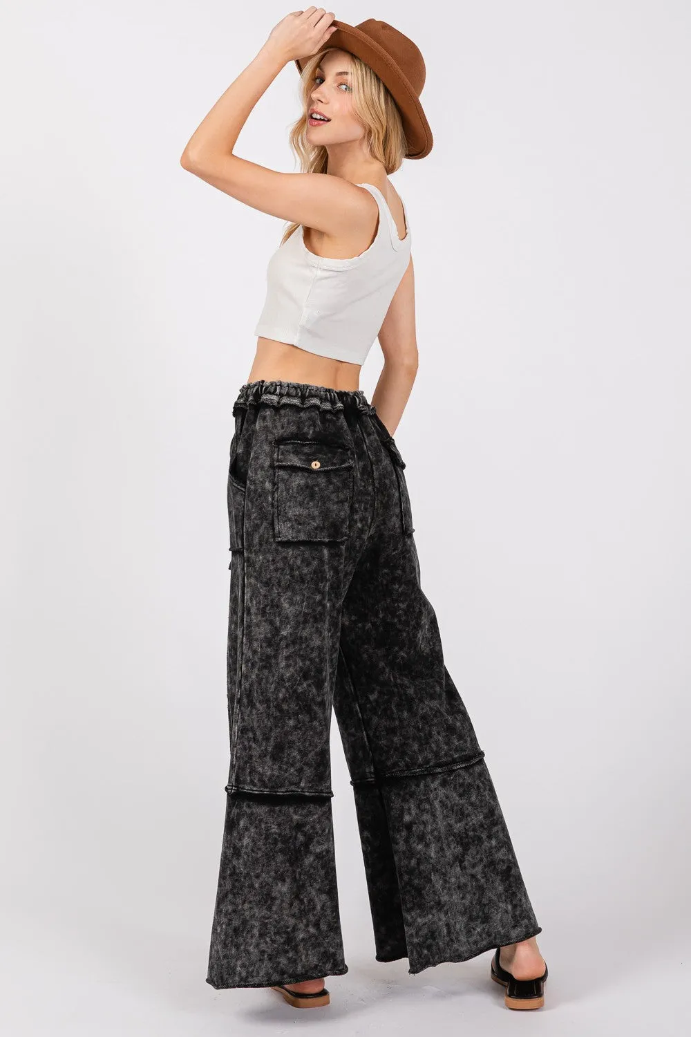 Mineral Washed Terry Wide Leg Pants Ash Black