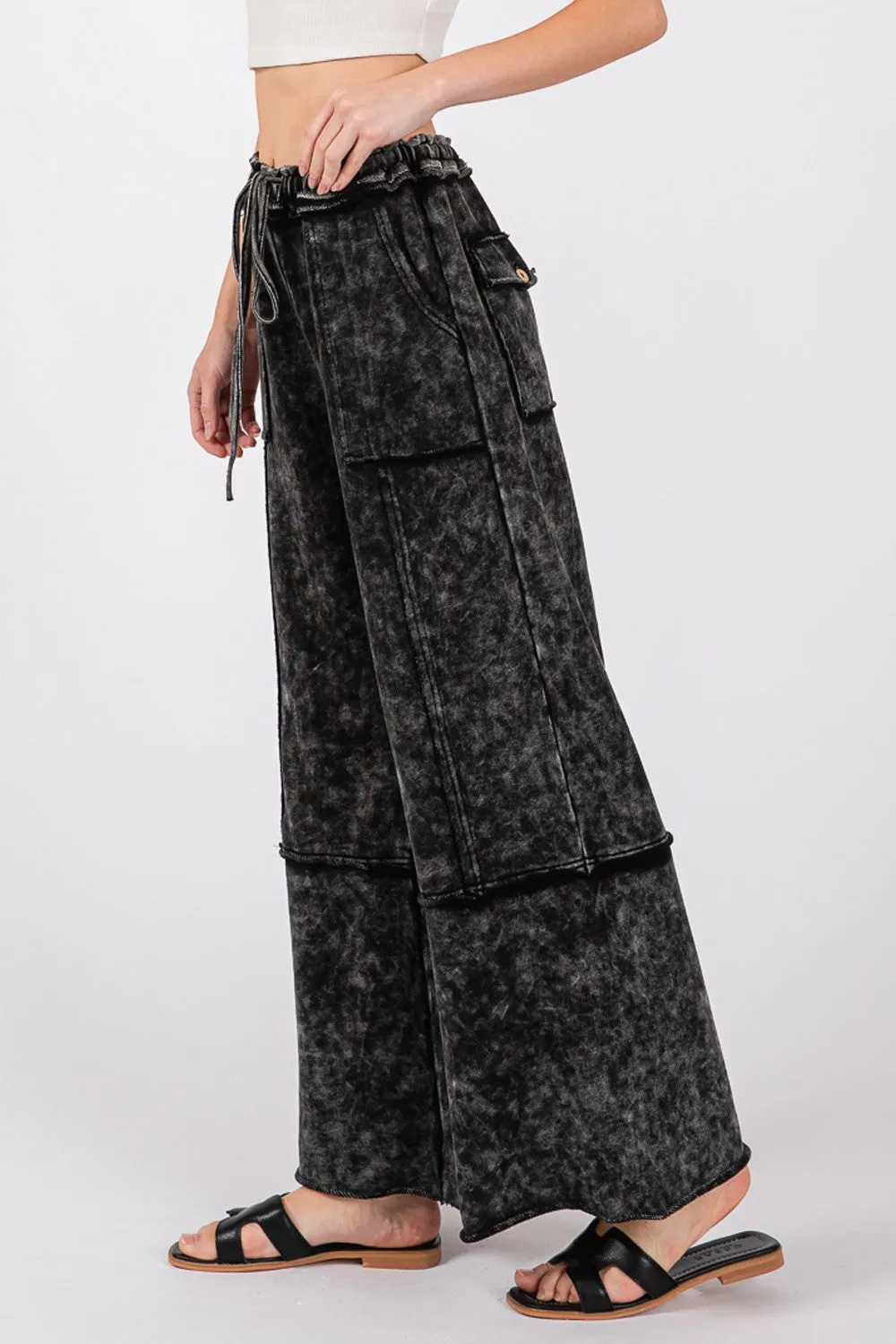 Mineral Washed Terry Wide Leg Pants Ash Black