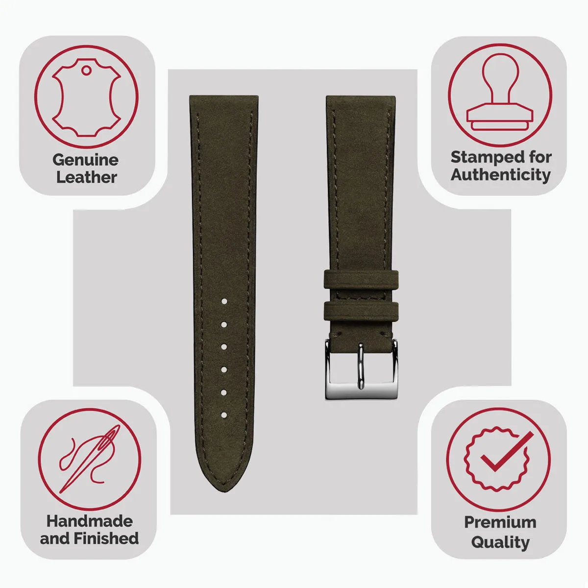 Mozet Flat Nubuck Handmade Leather Watch Strap - Khaki